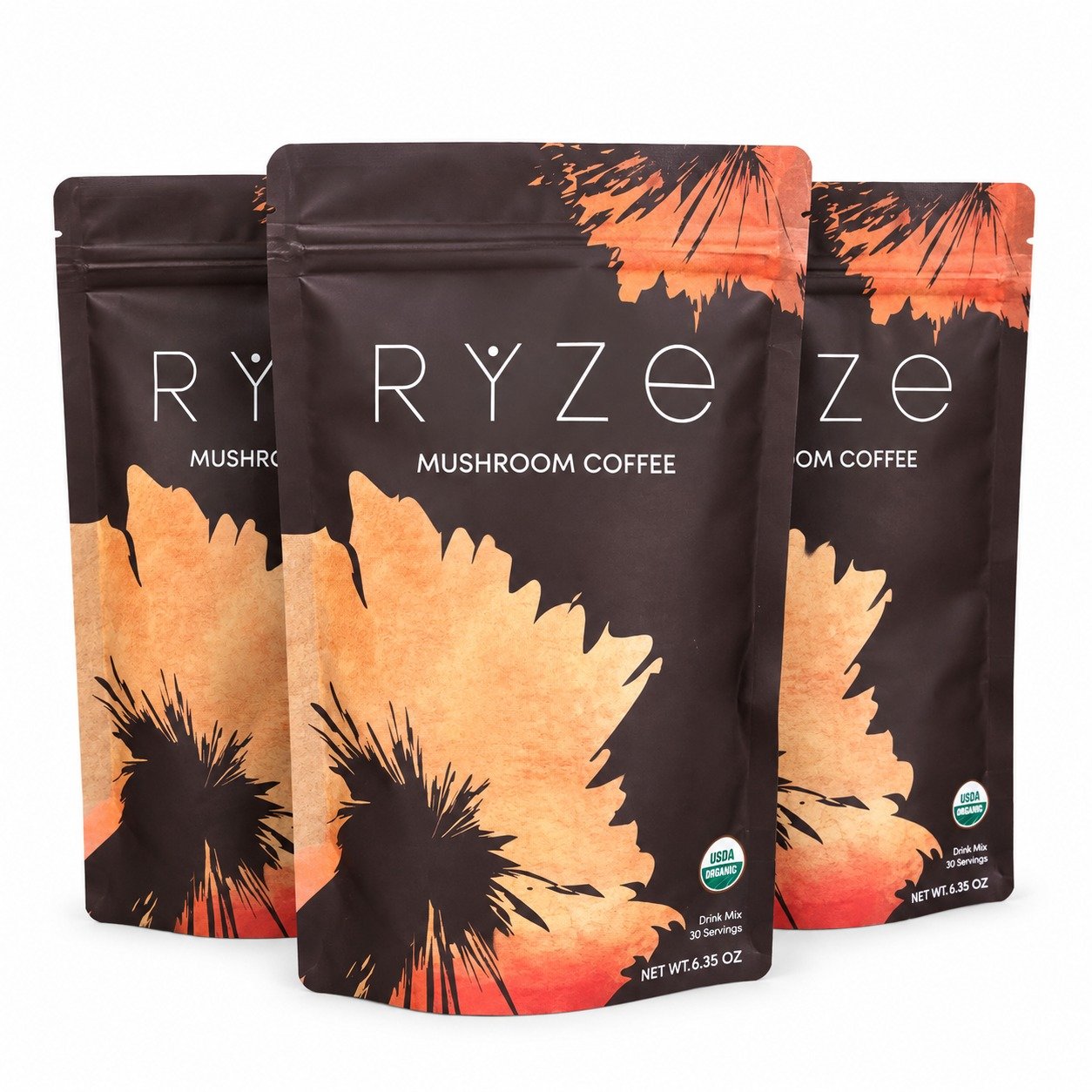 RYZE Mushroom Coffee 3-Pack, Organic 6-Mushroom Blend, 90 Servings
